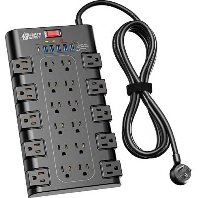 电源板,SUPERDANNY 浪涌保护器,带 22 个交流插座和 6 个 USB 充电端口,1875W/15A,2100焦耳,6.5英尺扁平插头重型延长线,适用于家庭、办公室、宿舍、游戏室,黑色