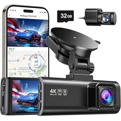 REDTIGER 行车记录仪前置后置,4K / 2.5K 全高清行车记录仪,包括32GB 卡,内置Wi-Fi GPS,3.1 英寸 IPS 屏幕,夜视,170°广角,WDR,24小时停车模式 (F7NP)